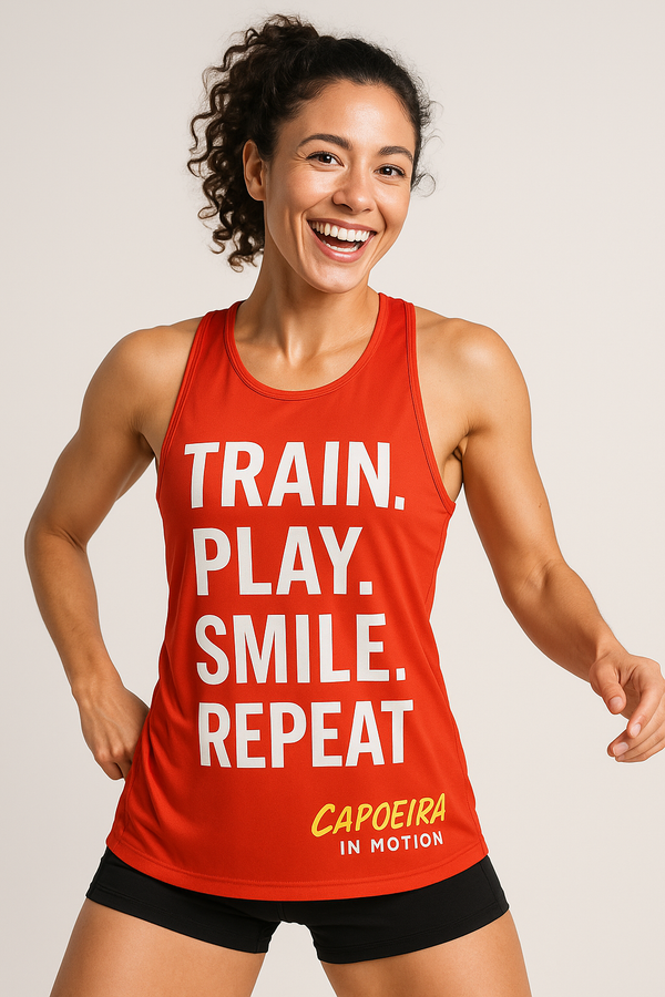Train. Play. Smile. Repeat." Capoeira Performance Tank